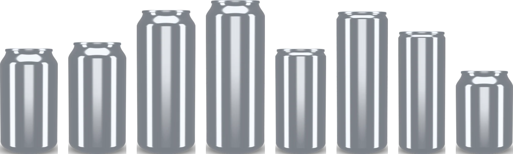 Eight common beverage cans to scale, from the 250 ml stubby to the 500 ml standard