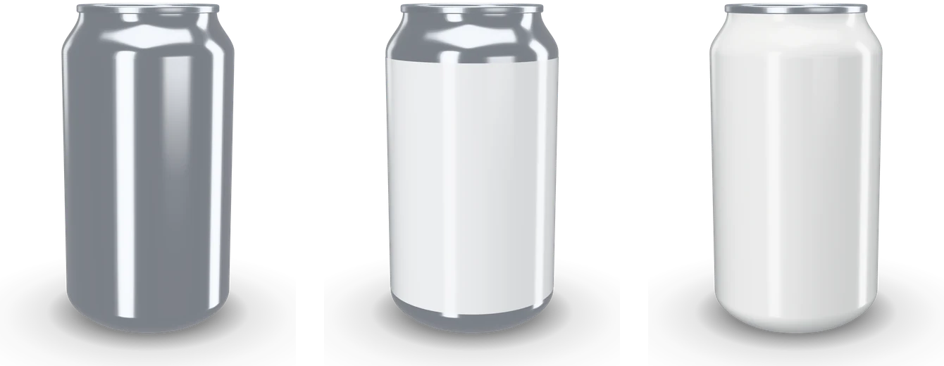 A bare aluminum can, the same can with a blank wrap label and a printed white can