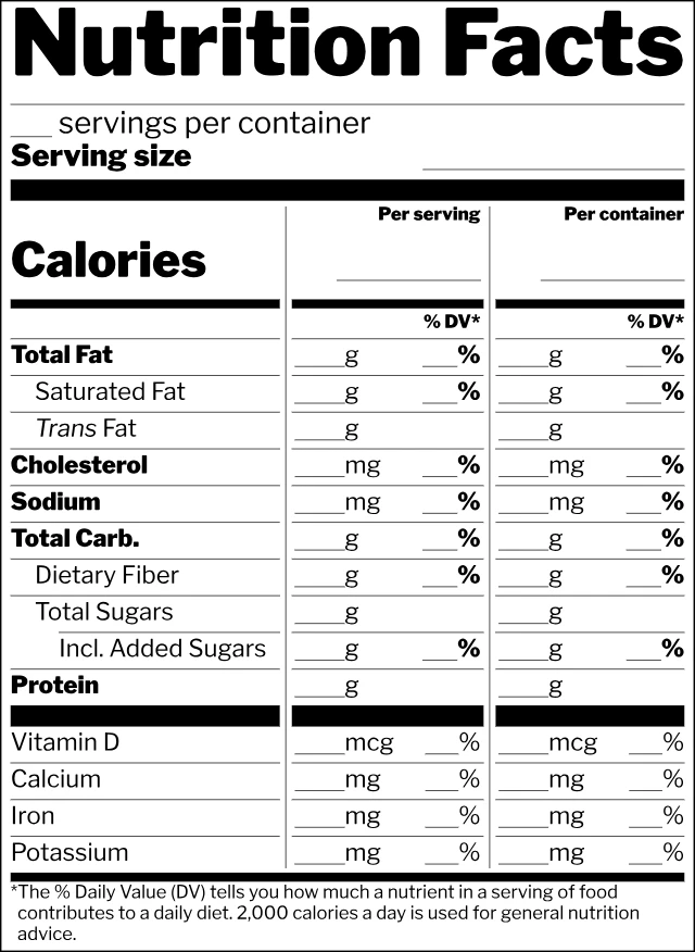 Blank nutrition facts label template, Dual column (per container) format