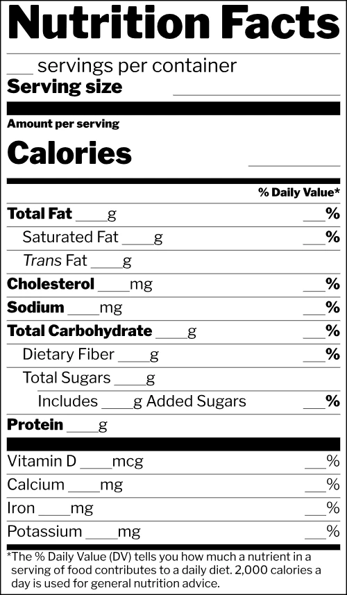Blank nutrition facts label template, Standard vertical format