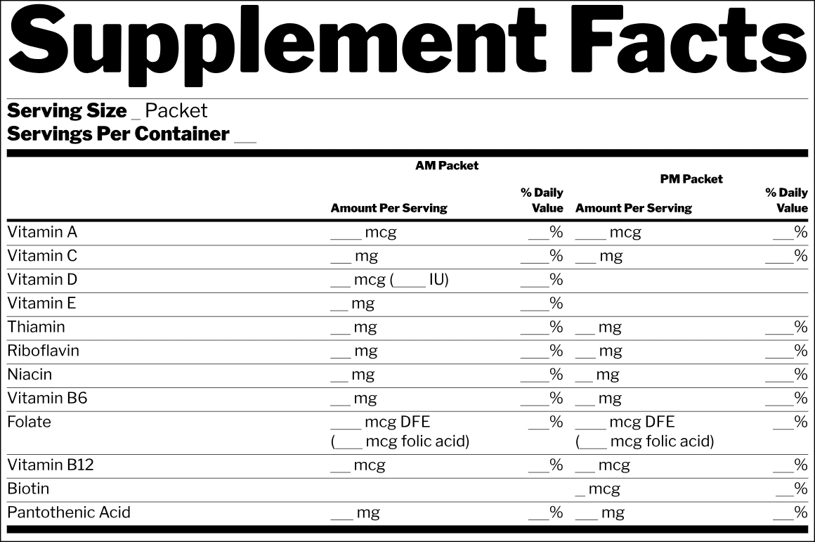 Blank Supplement Facts label template, AM and PM packets format