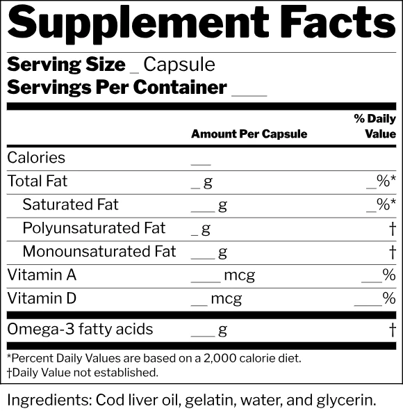 Blank Supplement Facts label template, Ingredients with and without Daily Values format