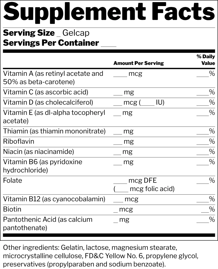 Blank Supplement Facts label template, Multiple vitamins format