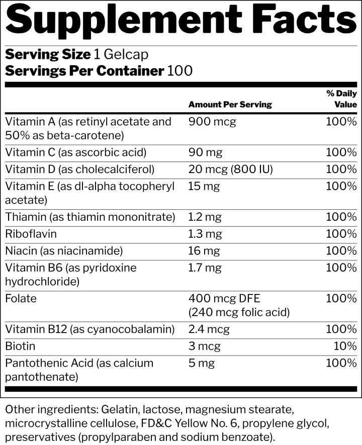 膳食补充剂成分表模板，复合维生素版式，填有 FDA 的示例数值
